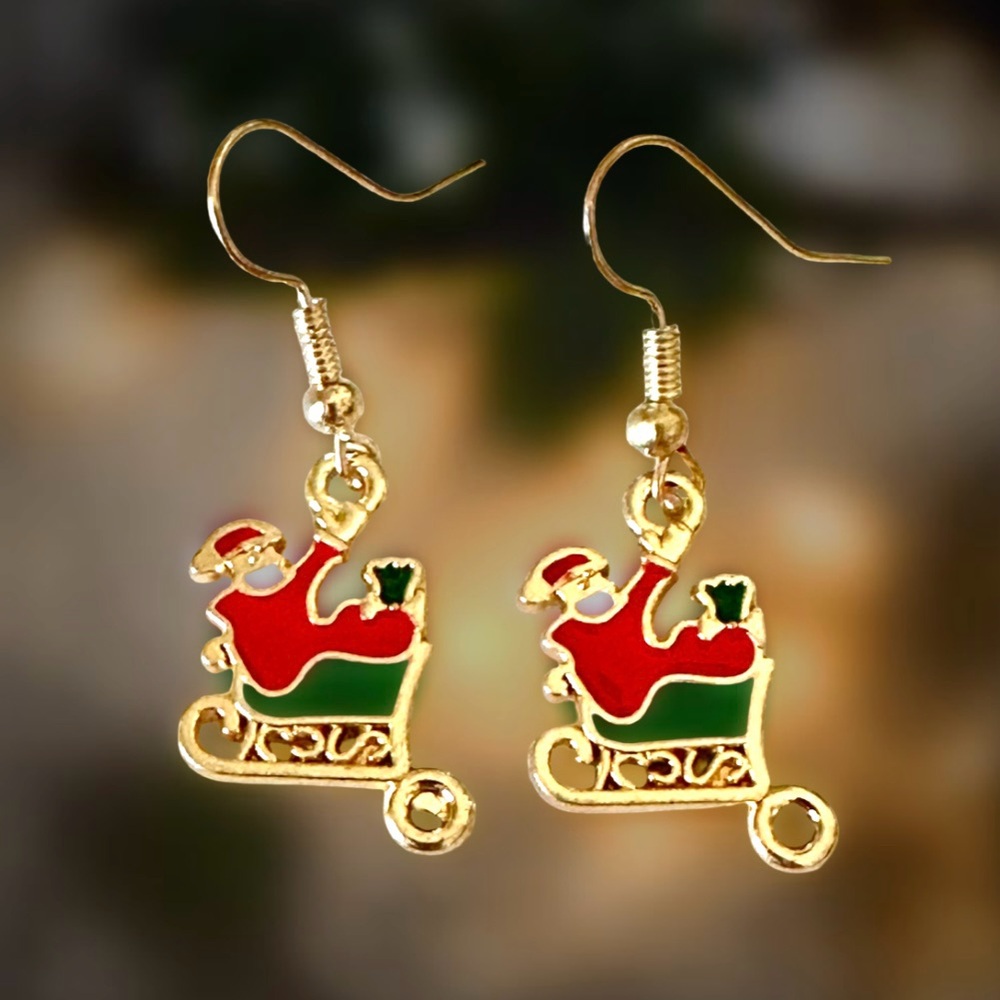 ⭐️ 5 for $25 Holiday Festive Santa on Sleigh Christmas Earrings Gold Tone